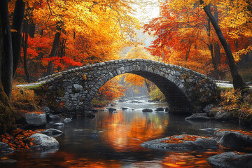 Old bridge in autumn forest