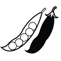 Open and closed pea pods black and white illustration