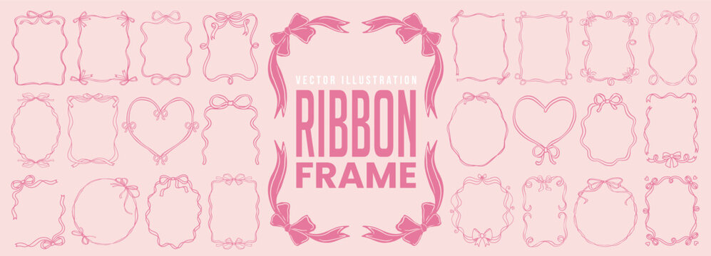 Cute ribbon frame set with bow for wedding, birthday party invitation and social media template decoration. Minimalist border, doodle line art, banner and ornament label or badge in coquette style.