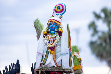 Kulasai, Idol of hindu god sri mutharamman carrying by devotees during the celebration of kulasai...