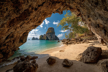 View of a beautiful sandy beach from inside a natural rock cave