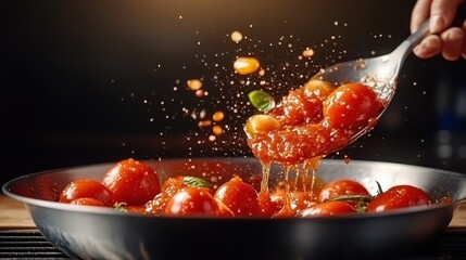 A dynamic cooking scene captures the moment of fresh tomatoes splashing into rich sauce, showcasing vibrant colors and a sense of culinary excitement for food lovers.