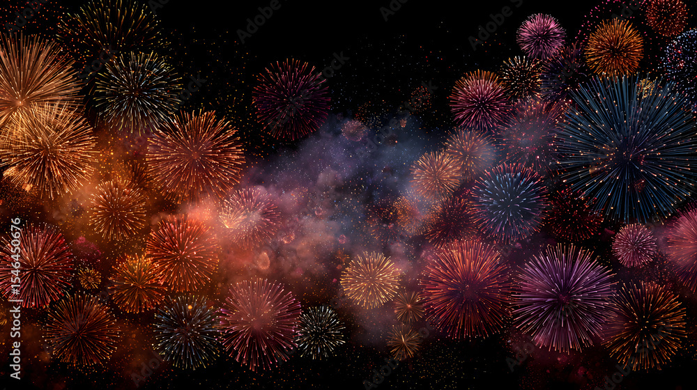 Poster 36. abstract firework background with free space for text. vibrant display of colorful fireworks bur