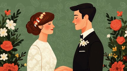 A charming, illustrated wedding moment between a bride and groom, surrounded by vibrant floral arrangements, celebrating love and commitment in a whimsical style.