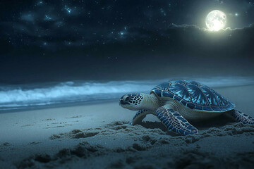 A sea turtle crawling across a sandy beach under moon light