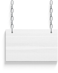 A blank wooden sign hanging from chains, suitable for customization or signage purposes.