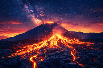 A glowing volcano erupting fiercely under a vast starry sky
