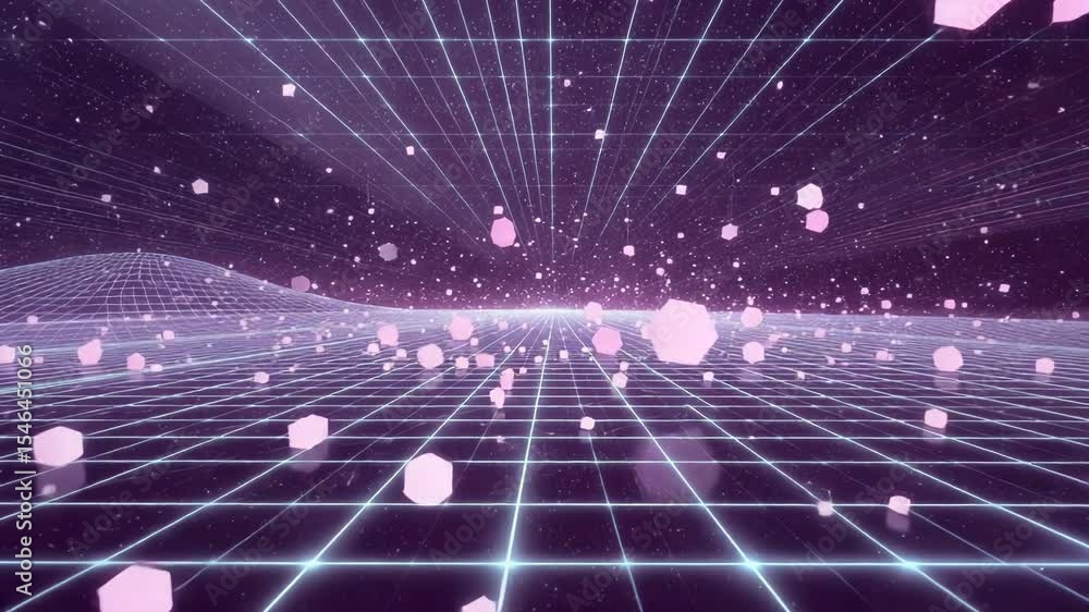 Poster retro futuristic grid landscape animated background with pink particles and glowing lines