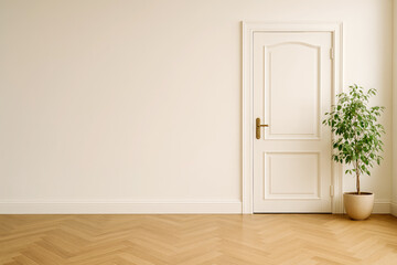 Interior Design Featuring a Closed White Door and a Potted Plant in a Minimalist Room With Wooden Flooring