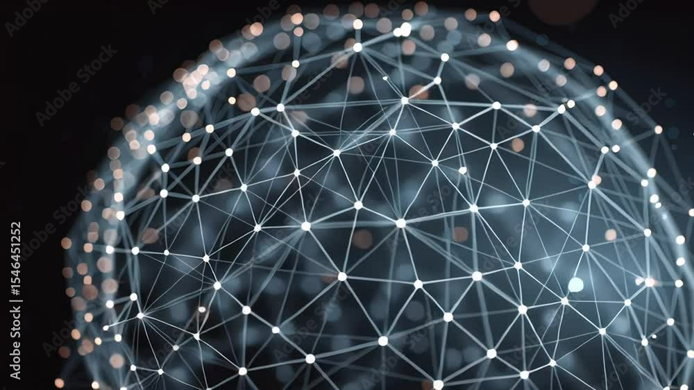 Poster futuristic digital globe made of interconnected glowing nodes and lines on a dark background, symbol