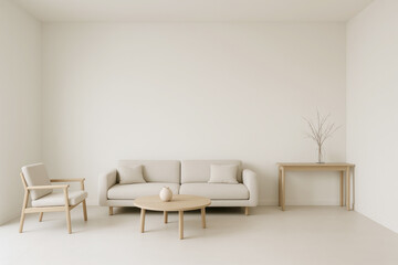 Modern Minimalist Living Room Design With Neutral Tones Featuring a Sofa, Armchair, Coffee Table, and Simple Decor in a Bright and Airy Space