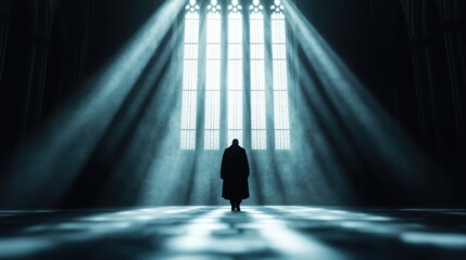 A solitary figure stands in a grand, illuminated space, illuminated by beams of light cascading through large stained glass windows, creating an ethereal atmosphere.