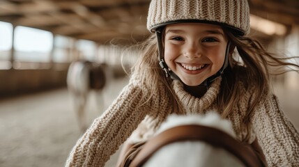 A cheerful girl wearing a helmet and cozy attire, riding her horse inside a stable, expressing the joy, freedom, and deep connection between children and animals.