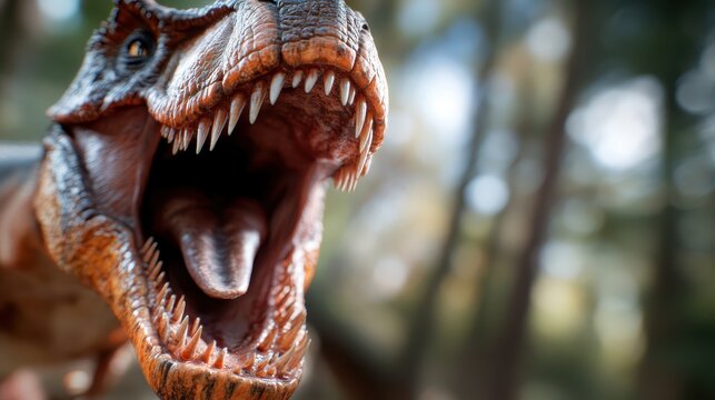 An intense close-up shot of a roaring Tyrannosaurus Rex in a lush forest, showcasing the power and primal fear associated with these magnificent prehistoric creatures.