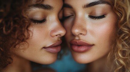 Obraz premium Two close friends with beautiful curls touch foreheads and share a peaceful, intimate moment, symbolizing deep connection, trust, and the joy found in meaningful relationships.