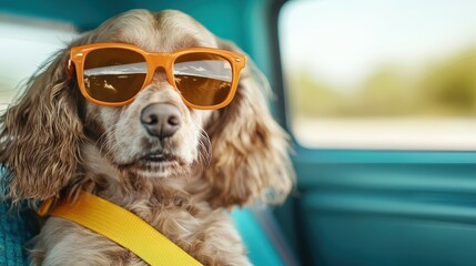 A stylish dog in sunglasses sits in a vibrant car interior, showcasing a fun and quirky personality, perfect for social media enthusiasts and pet lovers alike.