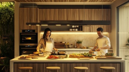 A couple cooking together in a sleek, open-plan kitchen. Neatly arranged ingredients, natural wood accents, and soft pendant lighting create a welcoming and stylish space. 