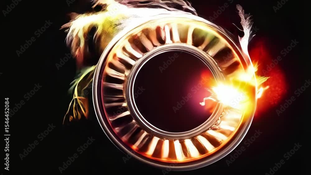 Poster dynamic fiery wheel with sparks and feathers in motion