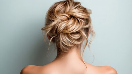 Fototapeta premium This elegant image presents a stylish updo hairstyle set against a soft pastel backdrop, highlighting the intricate hair arrangement and evoking feelings of beauty and femininity.