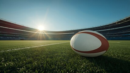 Sports scene with a rugby ball and arena in background.