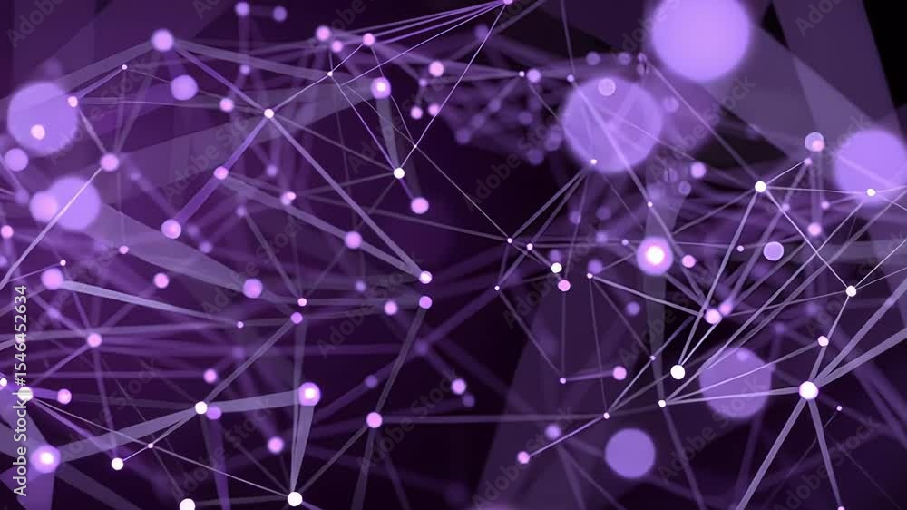 Poster abstract digital network with glowing purple nodes and connecting lines on a dark background. futuri