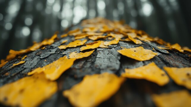 This image captures a close-up view of a tree trunk adorned with scattered yellow leaves, contrasted against a blurred forest backdrop, evoking a sense of autumn tranquility.