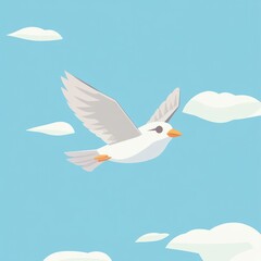 Obraz premium A white bird soars in a light blue sky with fluffy white clouds