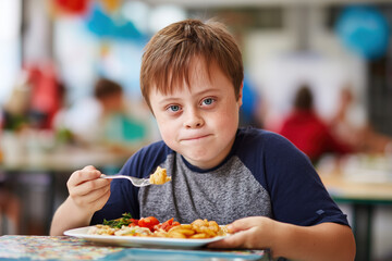 a boy with down syndrome having lunch in school cafeteria