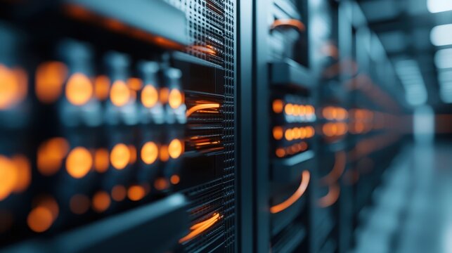 A close-up view of a server room filled with high-tech equipment, illuminated by orange lights, representing the backbone of modern technology and data management.