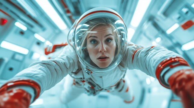 A woman in a space suit experiences weightlessness in an advanced spacecraft, showcasing the beauty and challenges of space exploration and the human spirit of discovery.