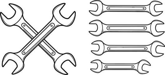 Crossed and Parallel Wrench Outline Icons: Mechanic Tools for Repair, Maintenance, Engineering, Automotive, and Industrial Design Projects Requiring Technical Precision.