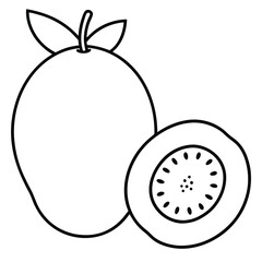Simple line drawing of whole and halved kiwi fruit