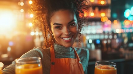 A friendly bartender is showcasing her bright smile while holding two glasses of orange juice in a lively bar setting, reflecting a cheerful and vibrant atmosphere.
