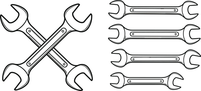 Crossed and Parallel Wrench Outline Icons: Mechanic Tools for Repair, Maintenance, Engineering, Automotive, and Industrial Design Projects Requiring Technical Precision.