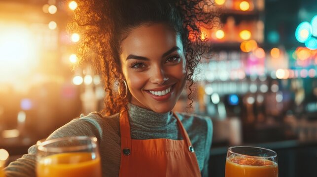 A friendly bartender is showcasing her bright smile while holding two glasses of orange juice in a lively bar setting, reflecting a cheerful and vibrant atmosphere.