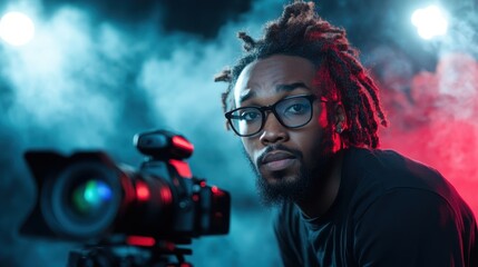 A thoughtful photographer is captured in a dramatic lighting setup, with smoke and cool color tones, reflecting the intense passion and creative energy present in the art of photography.