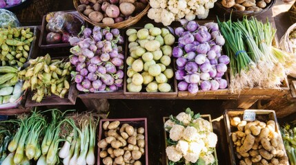 Vibrant market display of fresh vegetables on wooden shelves with colorful potatoes, purple turnips, white cauliflower, green scallions, and earthy textures in crates and baskets.