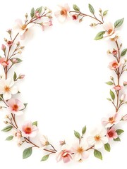 Oval floral frame of delicate pink and white blossoms arranged on branches