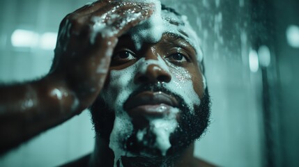 A close-up of a man shampooing his head illustrates an intimate moment of self-care and cleansing, emphasizing mood, tranquility, and personal renewal in a serene setting.