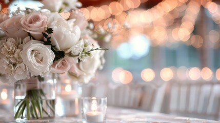 A beautifully arranged bouquet of soft pink and white roses, set against a backdrop of softly glowing lights, creating a romantic and enchanting atmosphere.