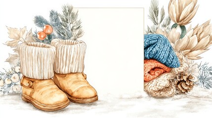 Winterthemed baby shower card mockup with soft knits, snowflakes, and baby boots in cool tones, seasonal cozy concept, blank space for wording