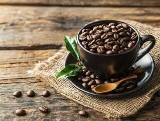 high quality visual of fresh roasted coffee beans in a cup on burlap
