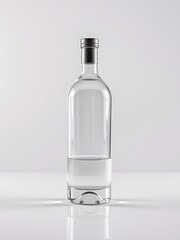 Clear glass bottle with silver cap, partially filled, on white background