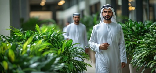 Confident Emirati Man Walking Through Lush Indoor Garden