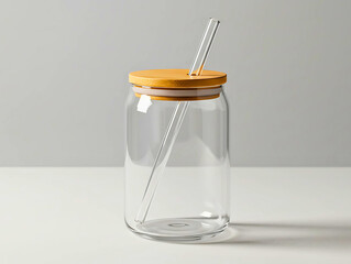  A sleek, empty glass tumbler designed to resemble a soda can, featuring a natural wooden lid and a clear glass straw, positioned on a white surface against a soft grey background.