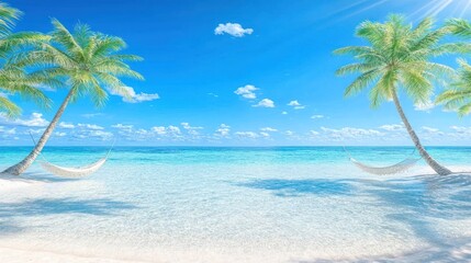 Obraz premium Tropical Paradise: Hammocks, Palm Trees, and Crystal-Clear Ocean