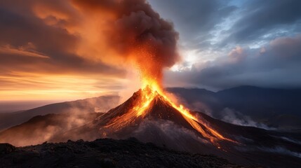 A breathtaking view of a volcanic eruption occurs against a stunning sunset backdrop, illustrating the raw power of nature and its dramatic influence on landscapes.
