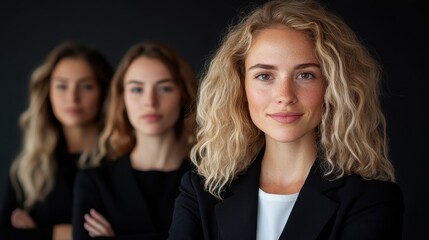 This image showcases a group of confident women standing together, exuding professionalism in a stylish and empowering composition perfectly suited for corporate themes.