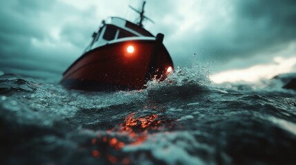 A striking image of a boat navigating through tumultuous waters, highlighting strength and resilience against the backdrop of an atmospheric stormy sky that evokes adventure and challenge.