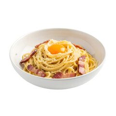 A traditional plate of authentic spaghetti carbonara made with guanciale and egg on isolated transparent background, a classic Roman pasta dish.